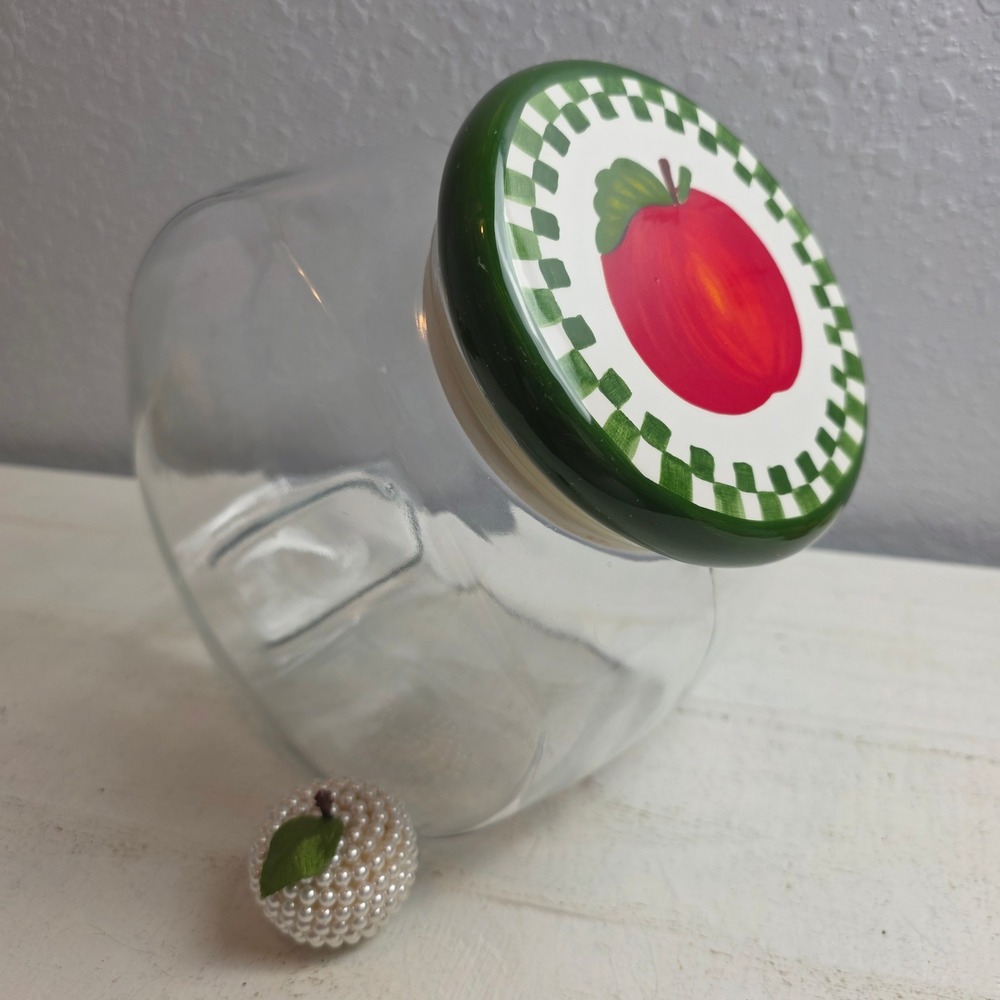 Vintage Glass Slant Cookie Jar Hand Painted Apple Checkered Lid Airtight Seal